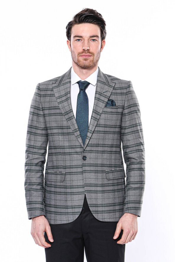 Ekose Slim Fit Tek Düğme Yeşil Erkek Ceket - 4