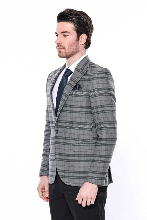 Ekose Slim Fit Tek Düğme Yeşil Erkek Ceket - 5