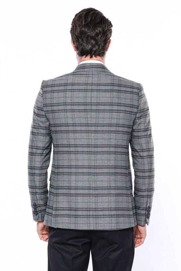 Ekose Slim Fit Tek Düğme Yeşil Erkek Ceket - 6