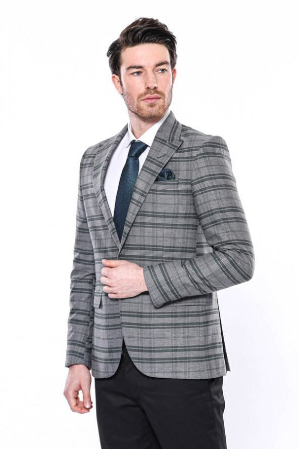 Ekose Slim Fit Tek Düğme Yeşil Erkek Ceket - 7