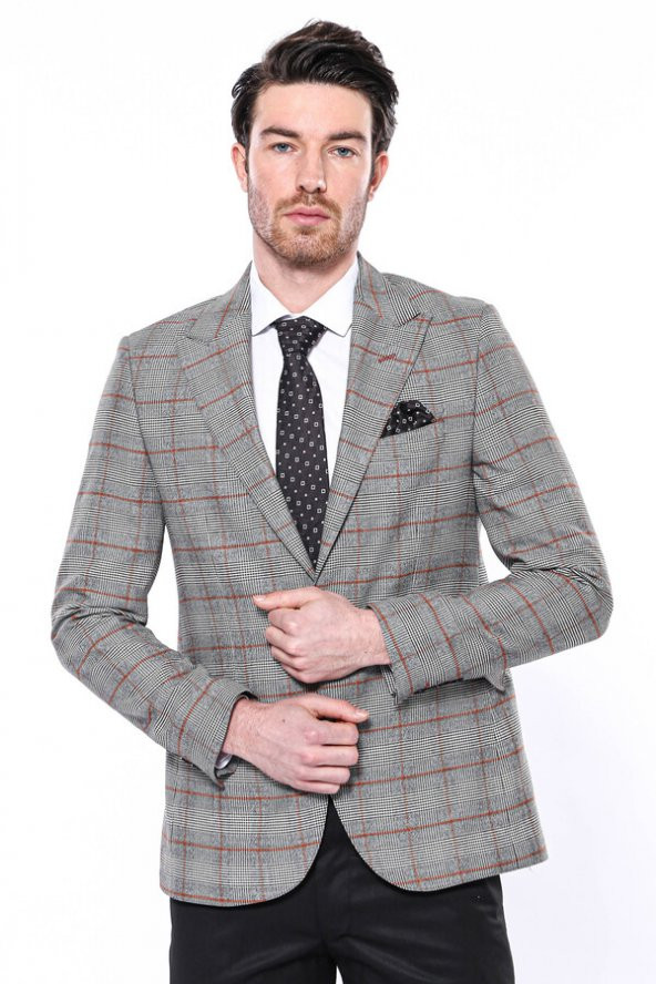 Ekose Tek Düğme Slim Fit Gri Erkek Ceket - 4