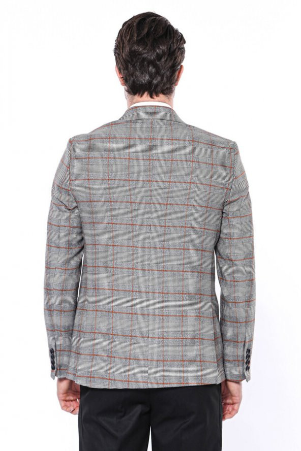 Ekose Tek Düğme Slim Fit Gri Erkek Ceket - 7