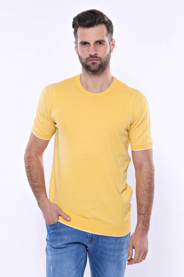 Bisiklet Yaka Kenarları Desenli Hardal Örme T-shirt  Wessi - 4