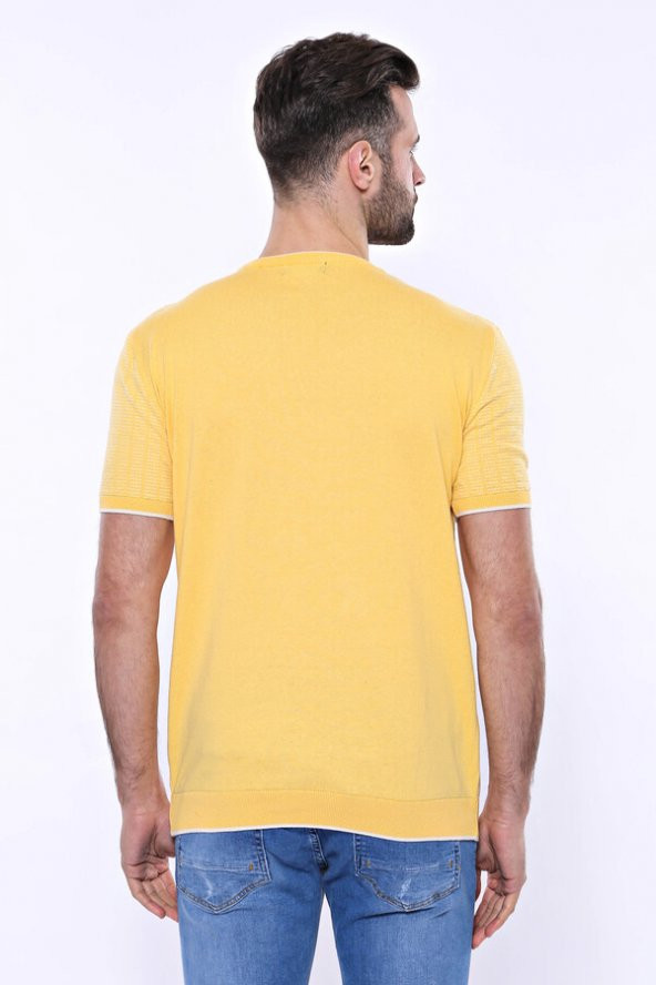 Bisiklet Yaka Kenarları Desenli Hardal Örme T-shirt  Wessi - 8
