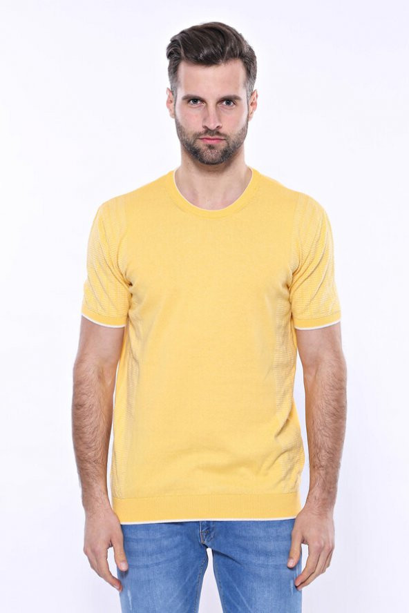 Bisiklet Yaka Kenarları Desenli Hardal Örme T-shirt  Wessi - 6