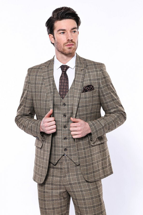 Ekose Slim Fit Kahverengi Erkek Ceket - 3