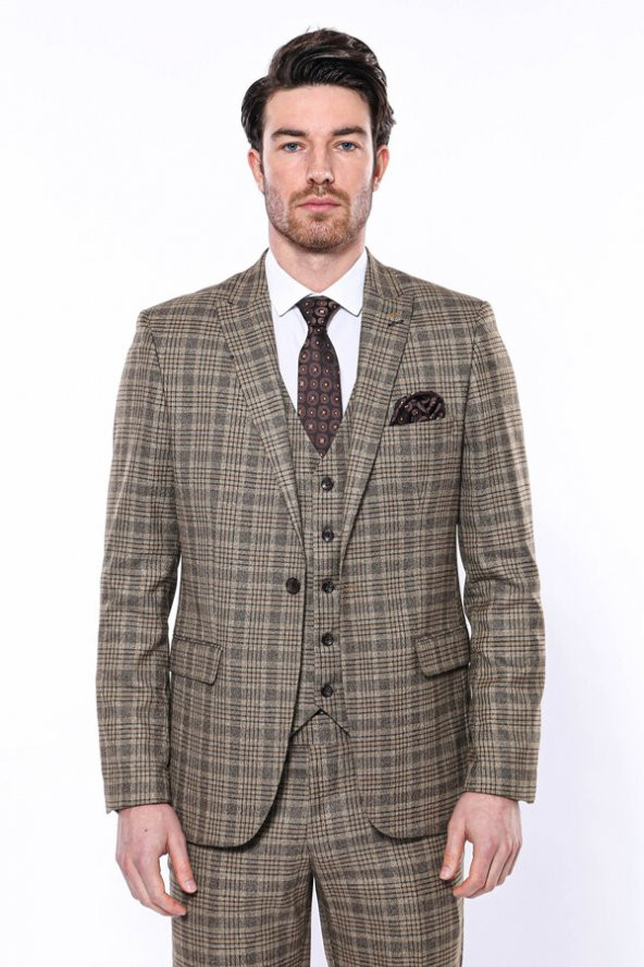 Ekose Slim Fit Kahverengi Erkek Ceket - 4