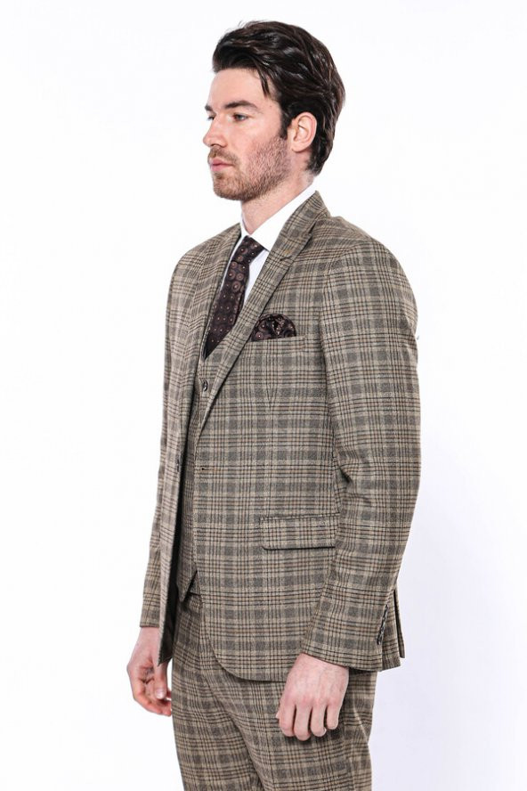 Ekose Slim Fit Kahverengi Erkek Ceket - 6