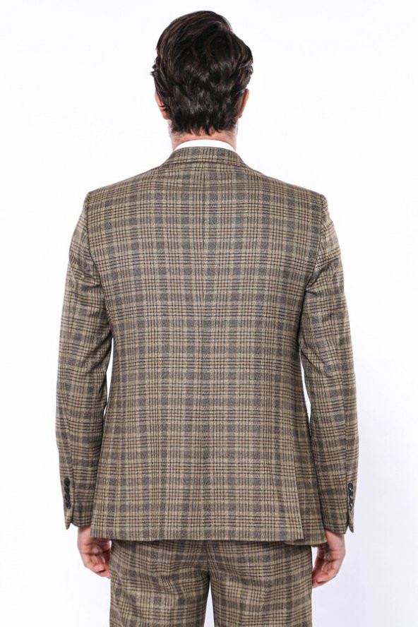 Ekose Slim Fit Kahverengi Erkek Ceket - 7