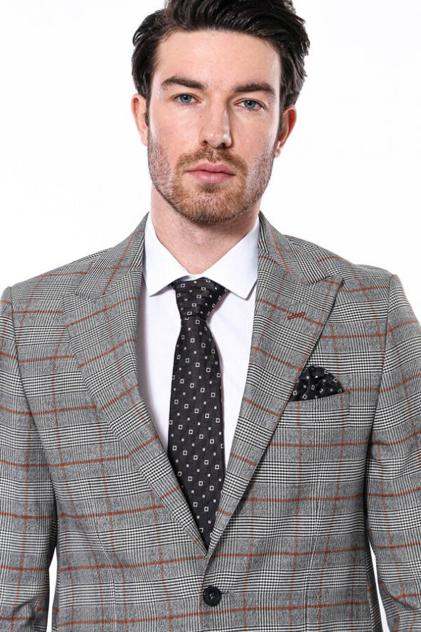 Ekose Tek Düğme Slim Fit Gri Erkek Ceket - 2