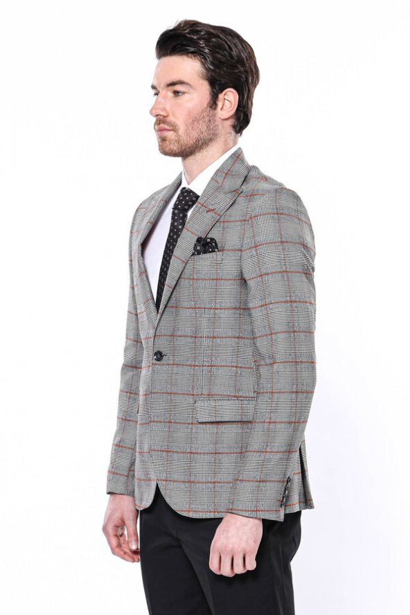 Ekose Tek Düğme Slim Fit Gri Erkek Ceket - 6