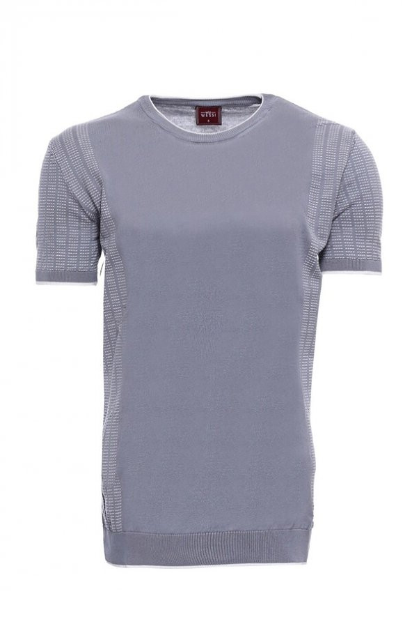 Bisiklet Yaka Kenarları Desenli Gri Örme T-shirt  Wessi - 2
