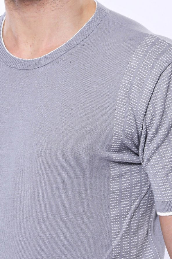 Bisiklet Yaka Kenarları Desenli Gri Örme T-shirt  Wessi - 4