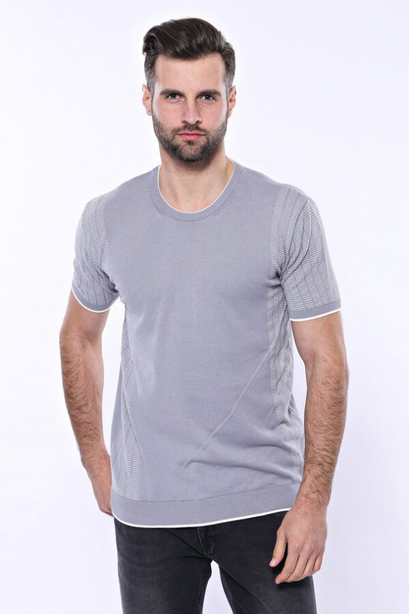 Bisiklet Yaka Kenarları Desenli Gri Örme T-shirt  Wessi - 5