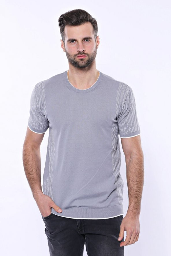 Bisiklet Yaka Kenarları Desenli Gri Örme T-shirt  Wessi - 6