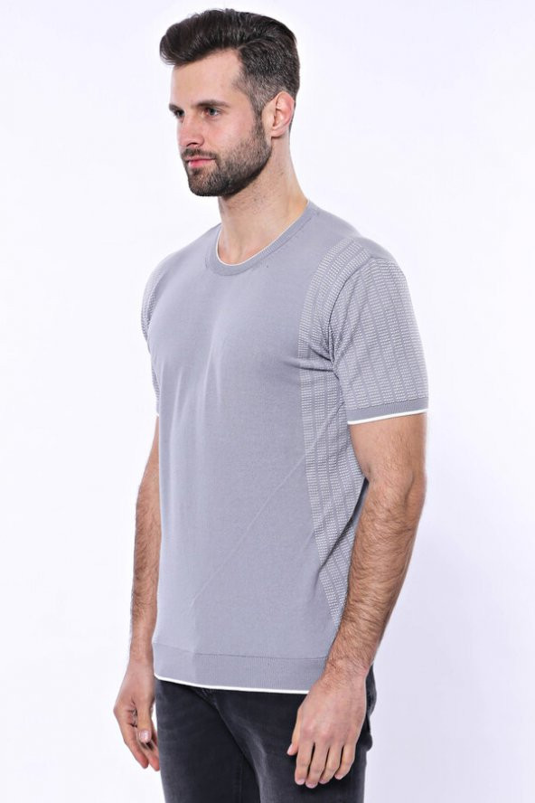 Bisiklet Yaka Kenarları Desenli Gri Örme T-shirt  Wessi - 7