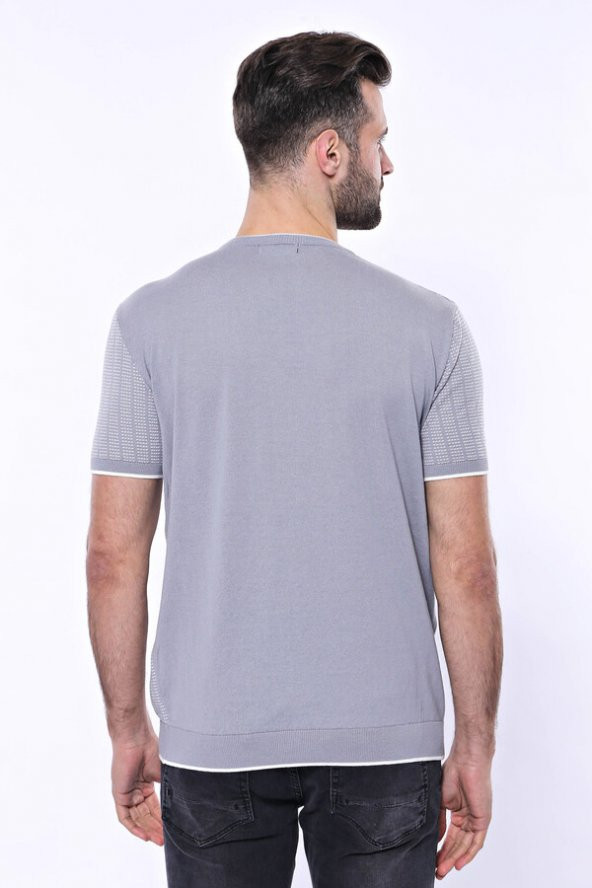 Bisiklet Yaka Kenarları Desenli Gri Örme T-shirt  Wessi - 8