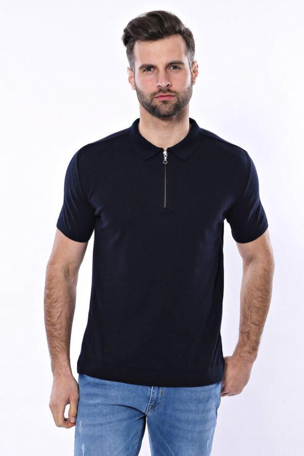 Polo Yaka Lacivert Düz Örme T-shirt  Wessi - 3