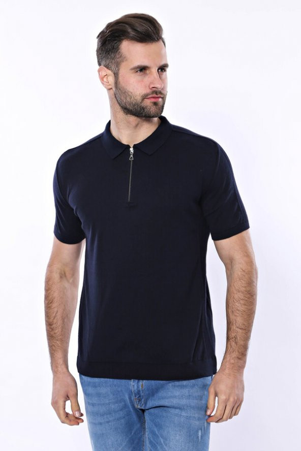 Polo Yaka Lacivert Düz Örme T-shirt  Wessi - 4