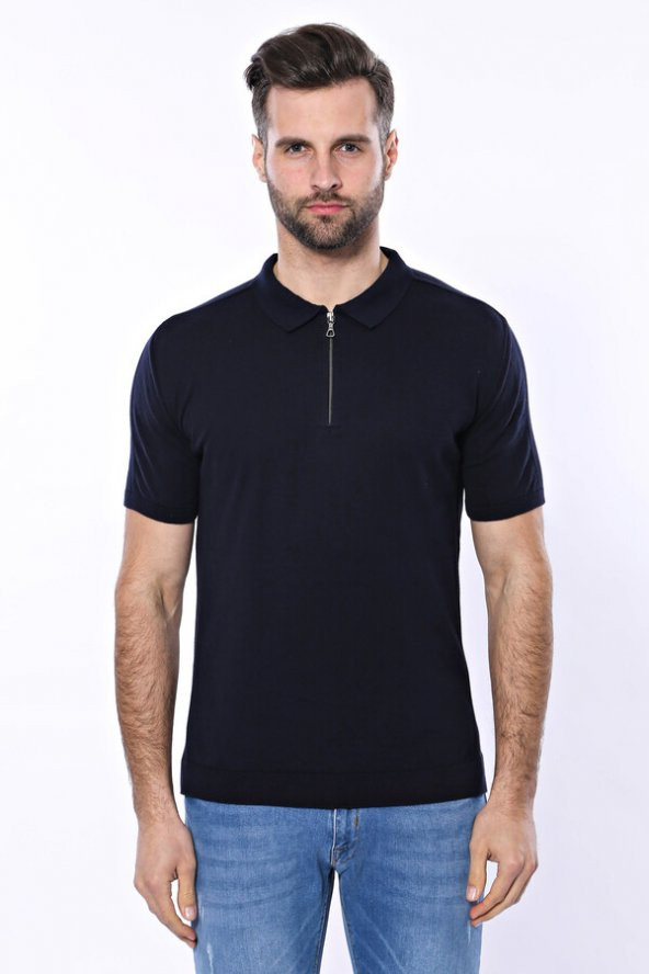 Polo Yaka Lacivert Düz Örme T-shirt  Wessi - 5