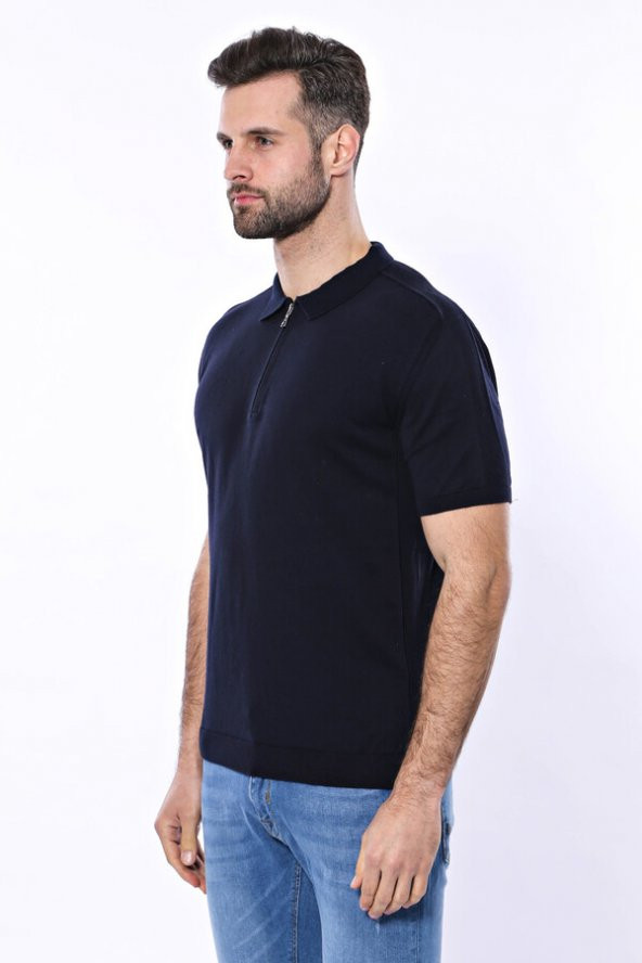 Polo Yaka Lacivert Düz Örme T-shirt  Wessi - 6