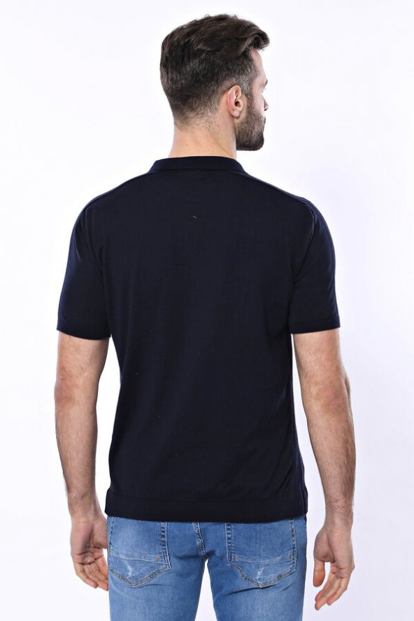 Polo Yaka Lacivert Düz Örme T-shirt  Wessi - 7