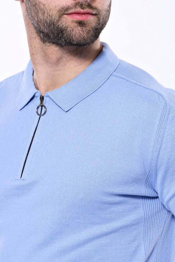 Polo Yaka Mavi Düz Örme T-shirt  Wessi - 2