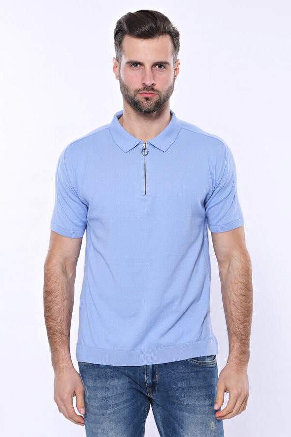 Polo Yaka Mavi Düz Örme T-shirt  Wessi - 4