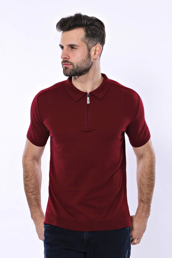 Polo Yaka Düz Bordo Örme T-shirt  Wessi