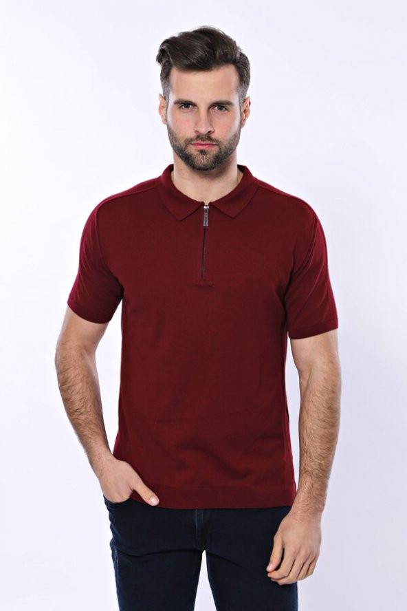 Polo Yaka Düz Bordo Örme T-shirt  Wessi - 3