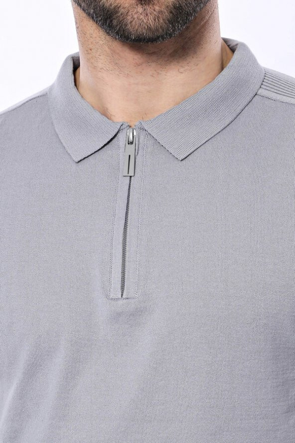 Polo Yaka Düz Gri Örme T-shirt  Wessi - 2