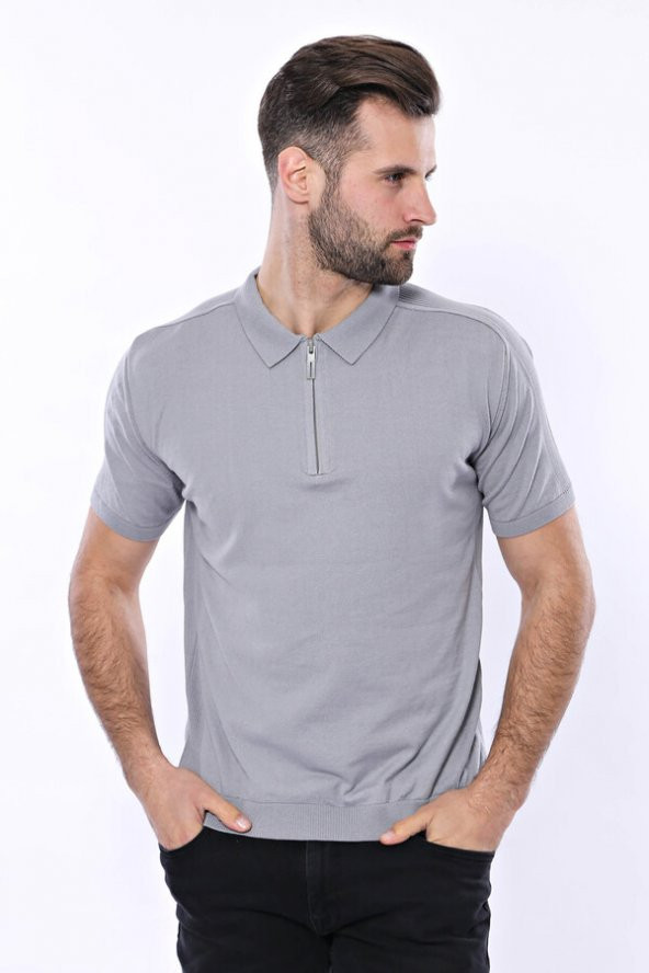 Polo Yaka Düz Gri Örme T-shirt  Wessi - 3
