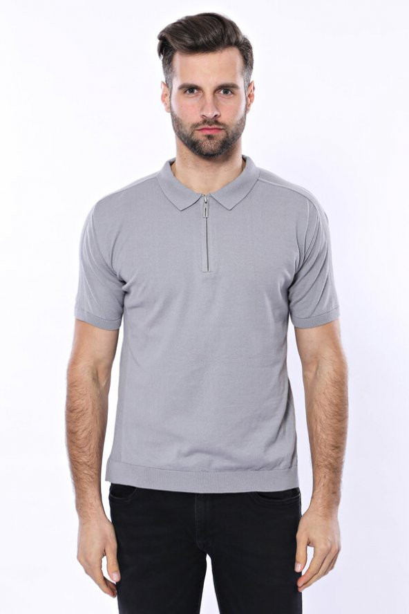 Polo Yaka Düz Gri Örme T-shirt  Wessi - 4