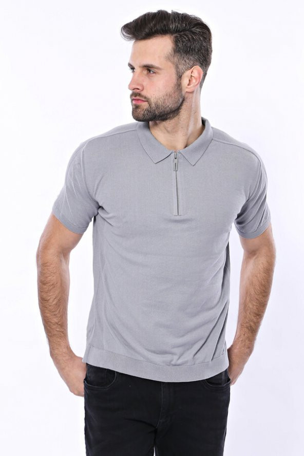 Polo Yaka Düz Gri Örme T-shirt  Wessi - 7