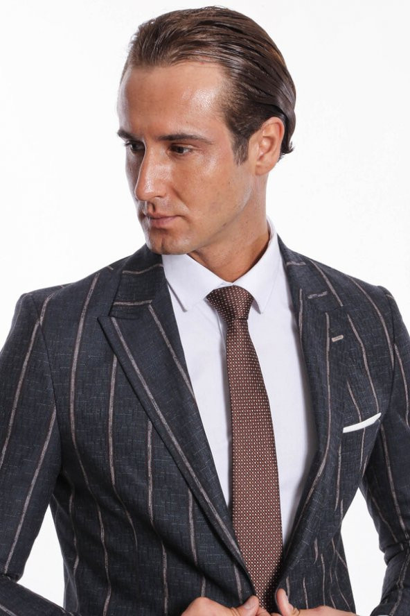 Çizgili Slim Fit Füme Erkek Ceket - 2
