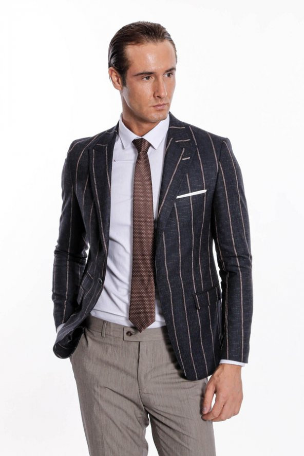 Çizgili Slim Fit Füme Erkek Ceket - 6