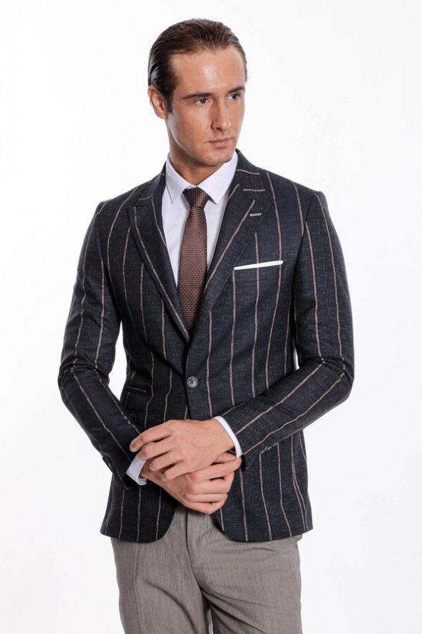 Çizgili Slim Fit Füme Erkek Ceket - 8