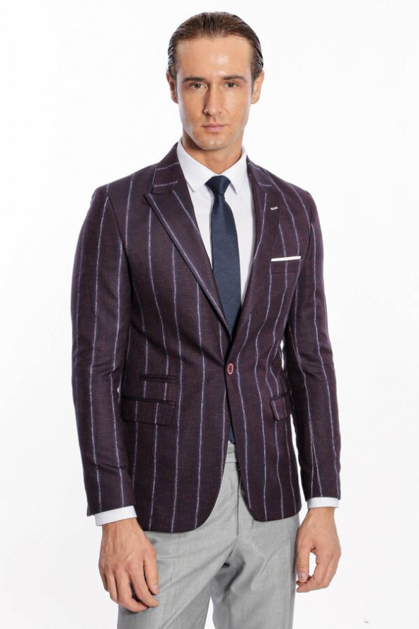 Çizgili Slim Fit Bordo Erkek Ceket - 4