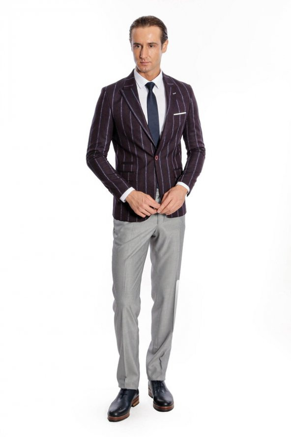 Çizgili Slim Fit Bordo Erkek Ceket - 5
