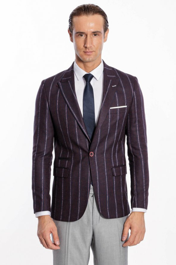 Çizgili Slim Fit Bordo Erkek Ceket - 7