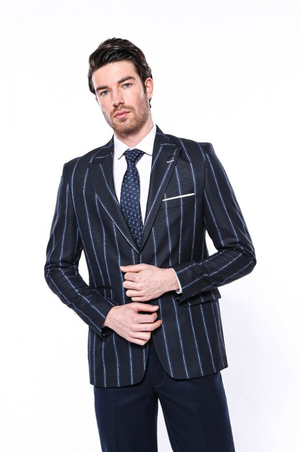Çizgili Lacivert Slim Fit Ceket  Wessi