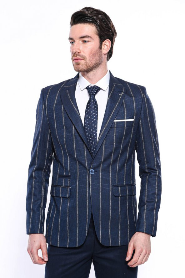 Çizgili Açık Lacivert Slim Fit Ceket  Wessi - 3