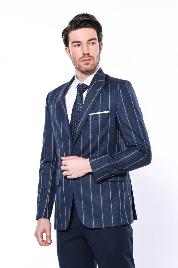 Çizgili Açık Lacivert Slim Fit Ceket  Wessi - 4