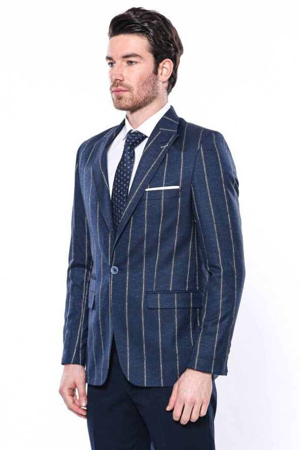 Çizgili Açık Lacivert Slim Fit Ceket  Wessi - 6