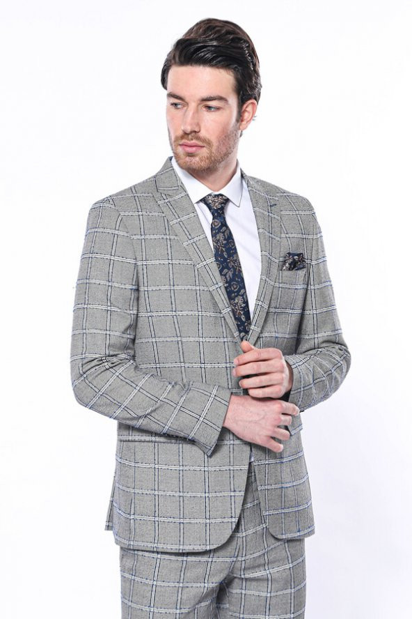 Ekose Slim Fit Gri Erkek Ceket