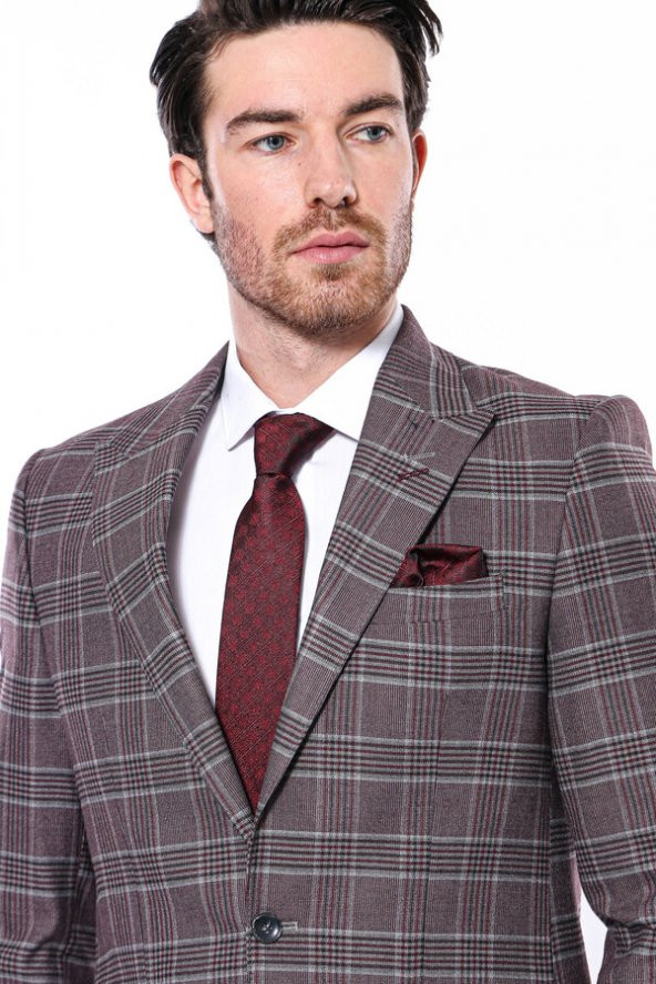 Ekose Slim Fit Bordo Erkek Ceket - 2