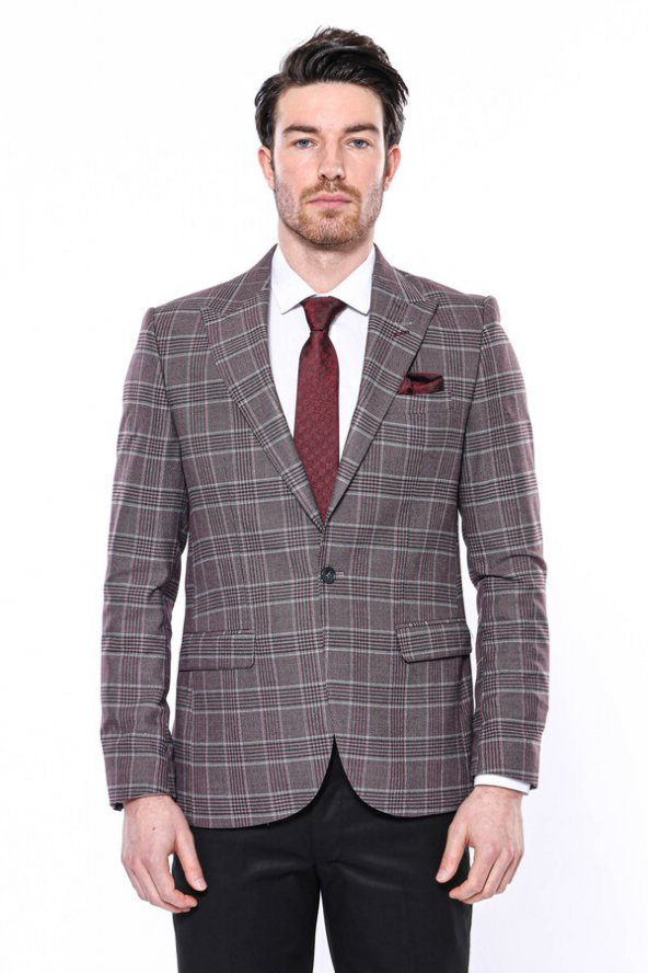Ekose Slim Fit Bordo Erkek Ceket - 5