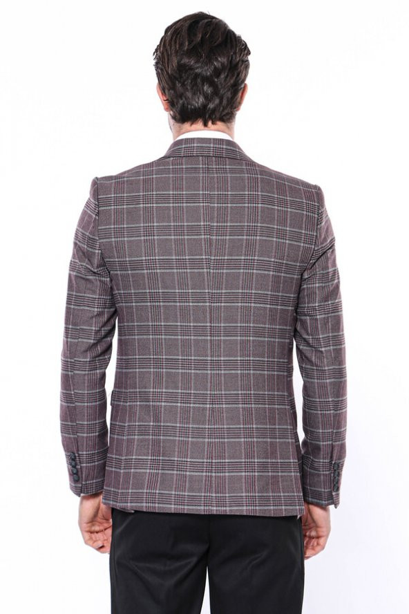 Ekose Slim Fit Bordo Erkek Ceket - 7