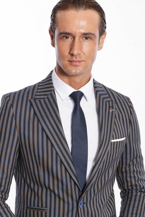 Çizgili Koyu Slim Fit Lacivert Erkek Ceket - 9