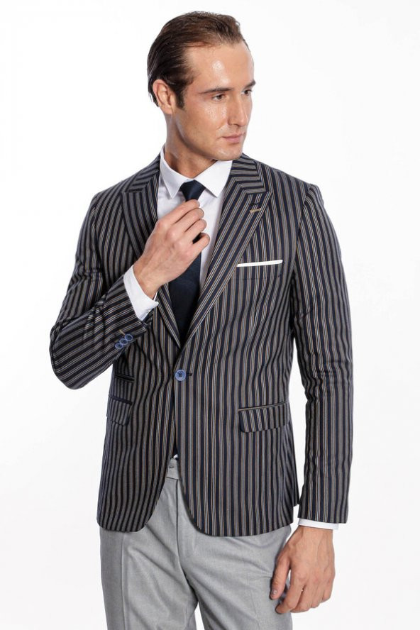 Çizgili Koyu Slim Fit Lacivert Erkek Ceket - 3